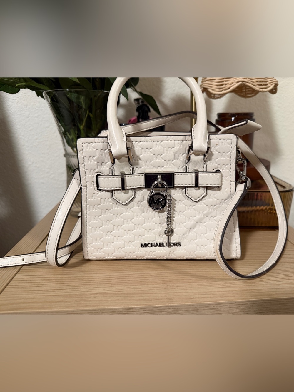 Michael Kors White Embossed MK Charm Satchel